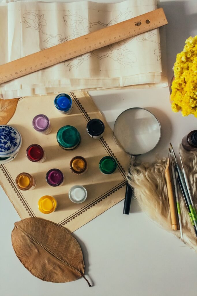 A cozy hobby workspace with creative tools and craft materials