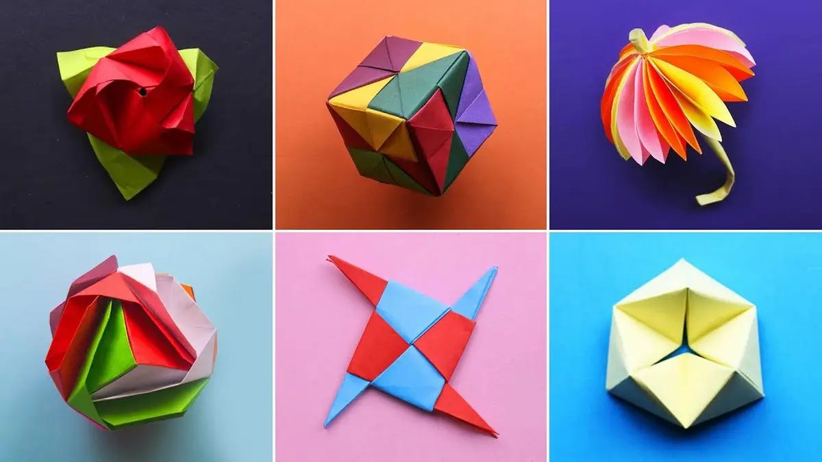 Various handcrafted paper models showcasing different traditional and advanced origami folding styles.