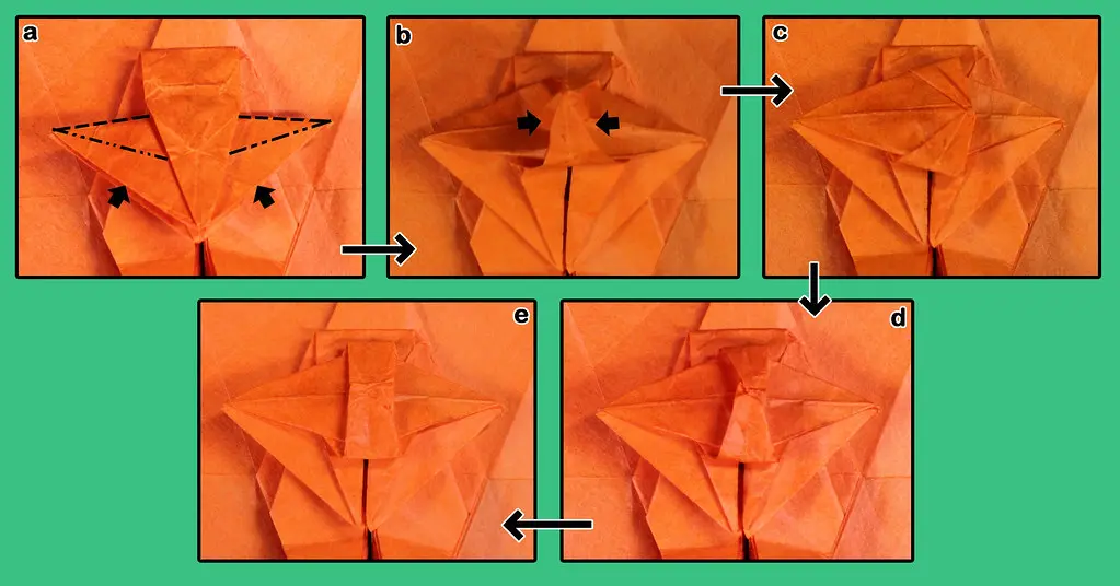 A partially completed origami model demonstrating the reversal of a crease into a squash fold.